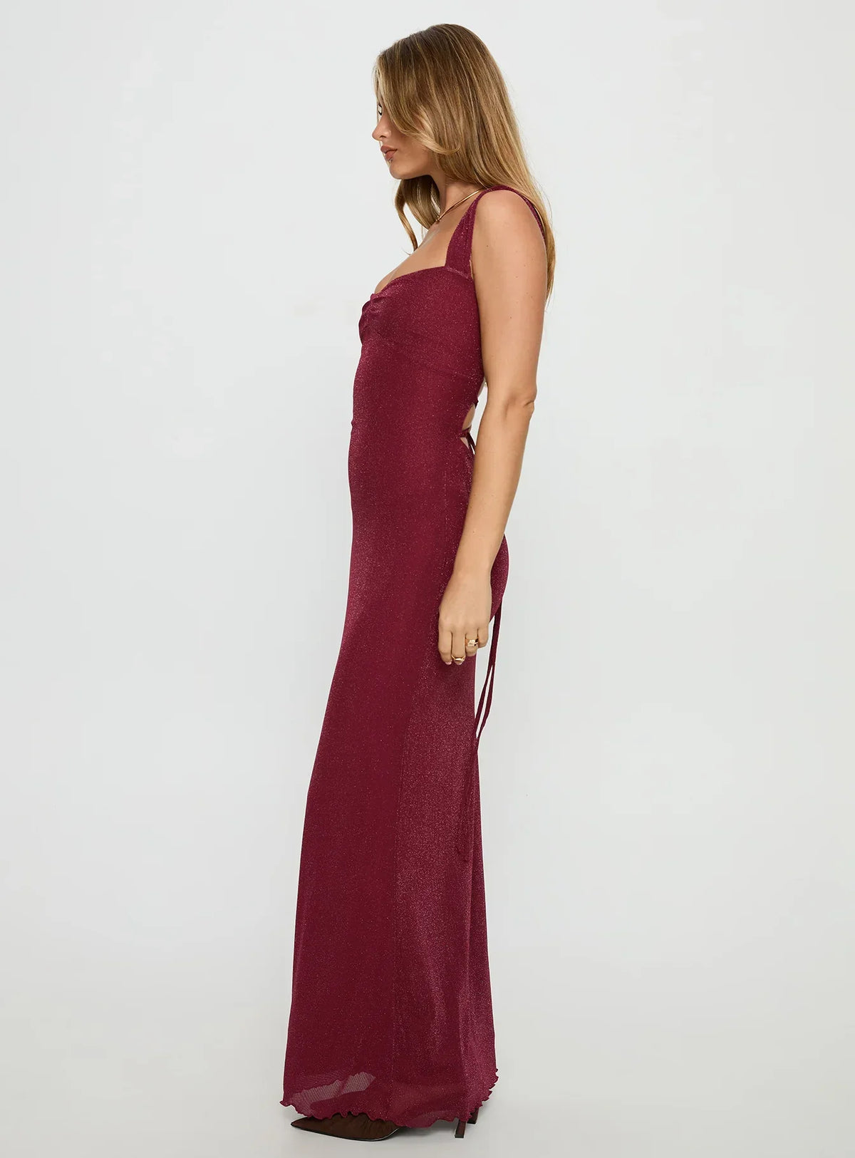 Crisanto Tie Up Ruched Maxi Dress Burgundy
