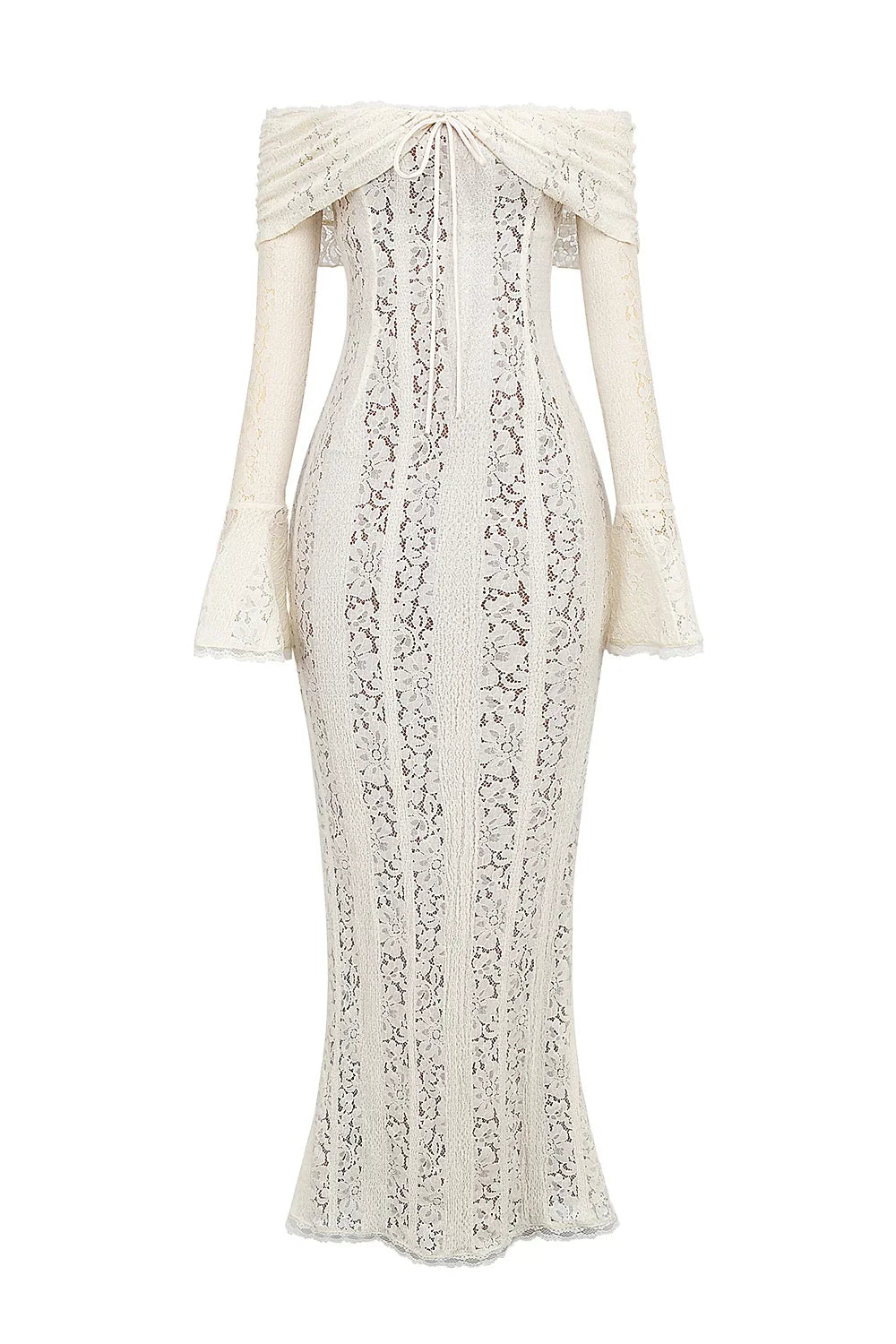 Vintage Cream Floral Lace Off Shoulder Maxi Dress