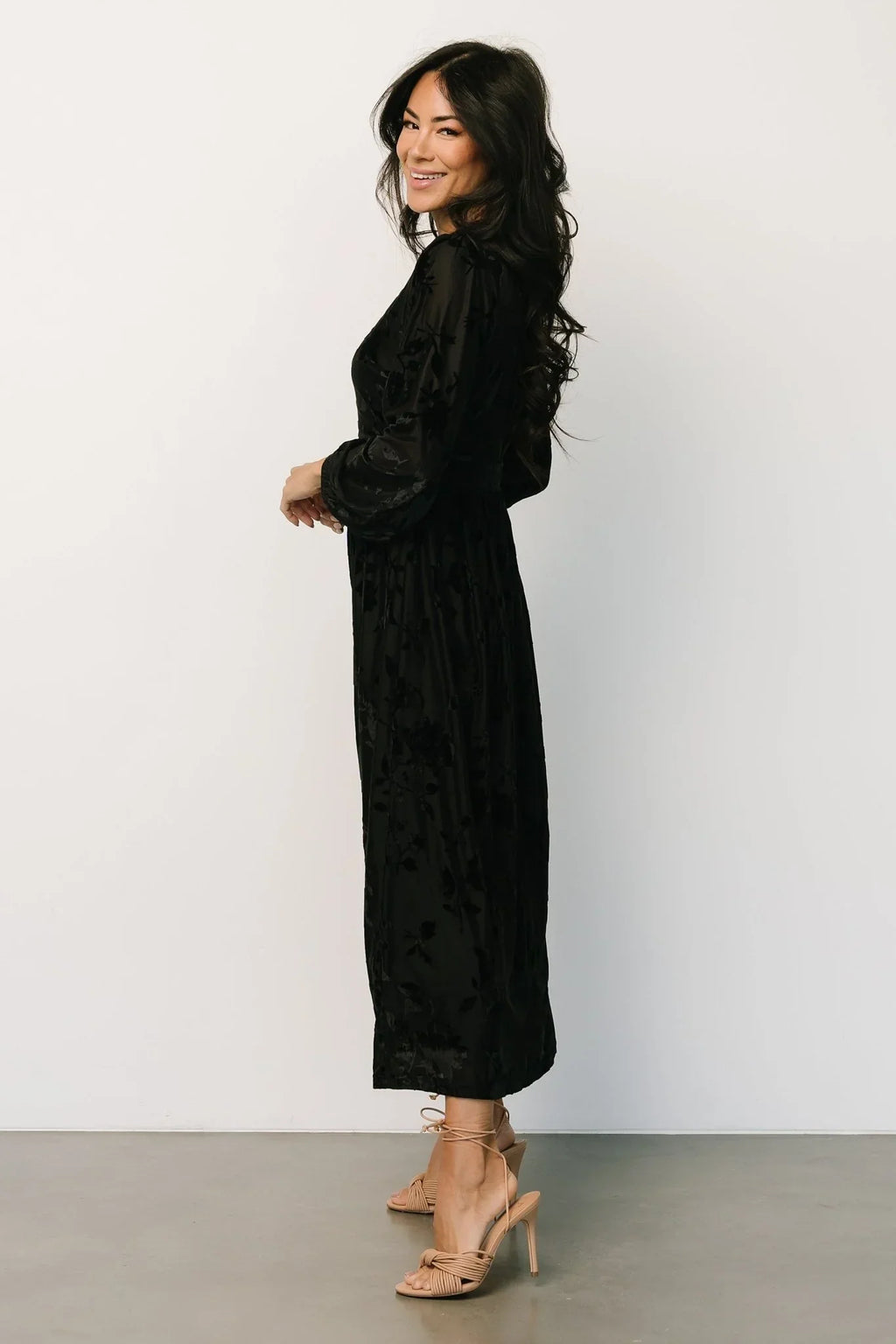 Christine Velvet Embossed Midi Dress | Black