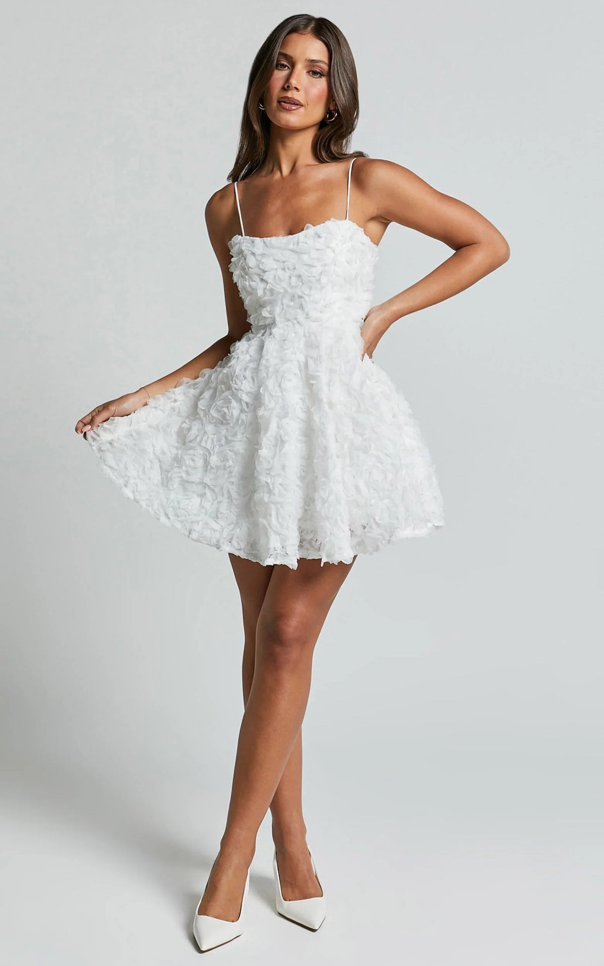 Alvia Mini Dress - 3d Flower Full Skirt Dress in White