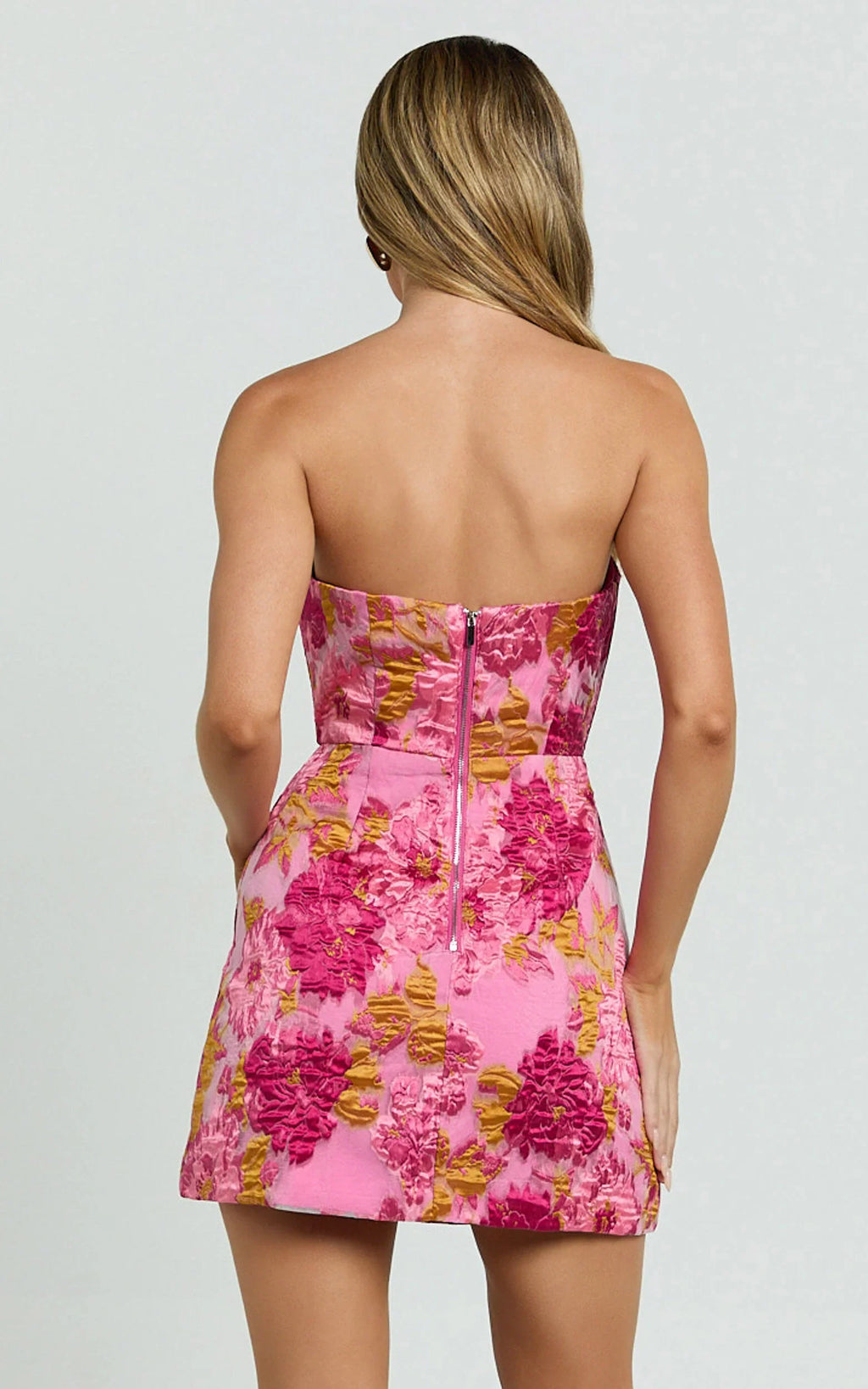 Brailey Mini Dress - Strapless Dress in Pink Jacquard