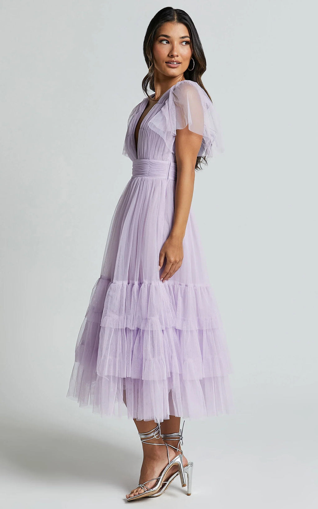 Jiraye Midi Dress - Flutter Sleeve Tuelle Plunge Dress in Lilac