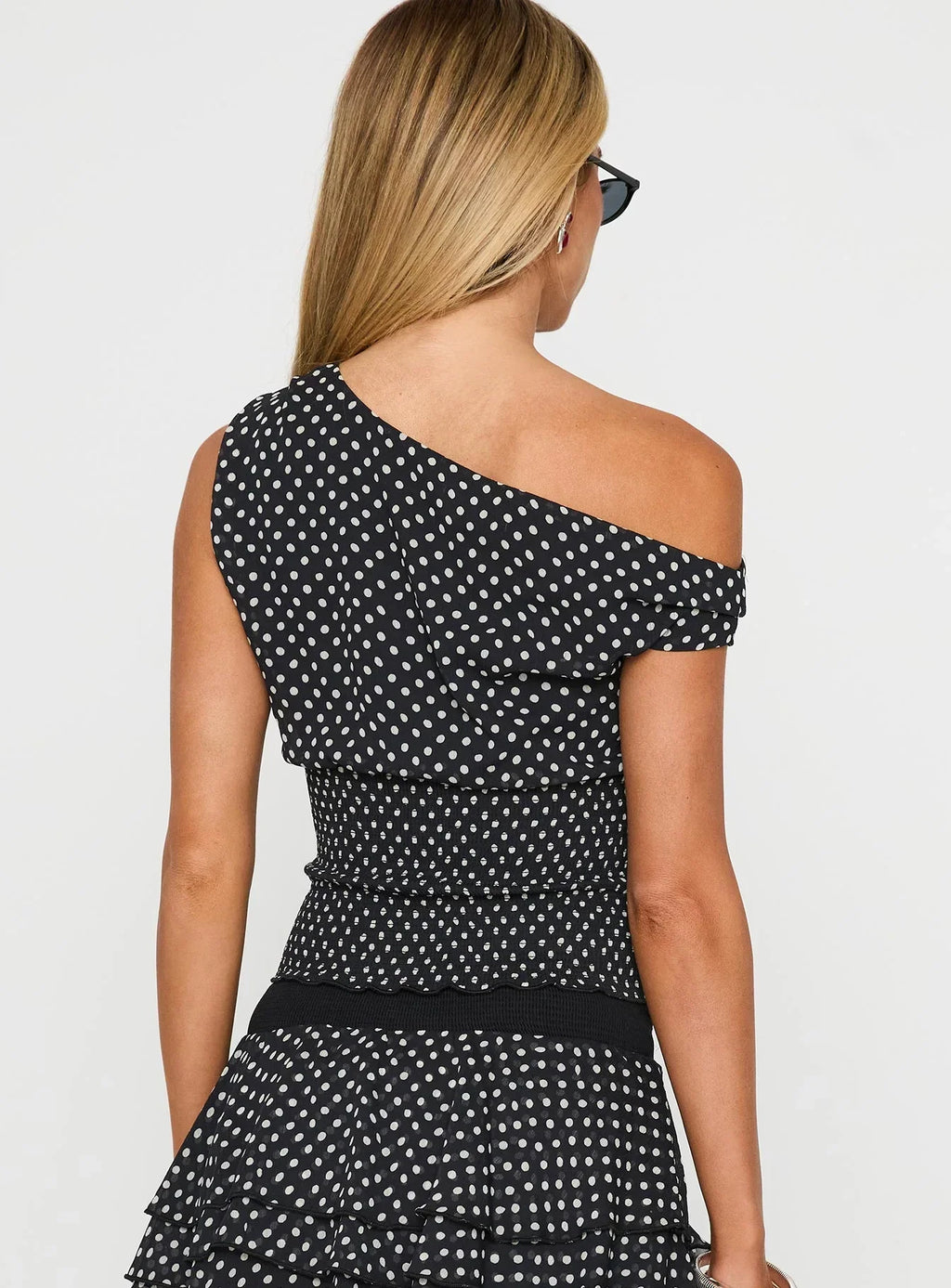 Ready To Party Off Shoulder Top Black Polka Dot