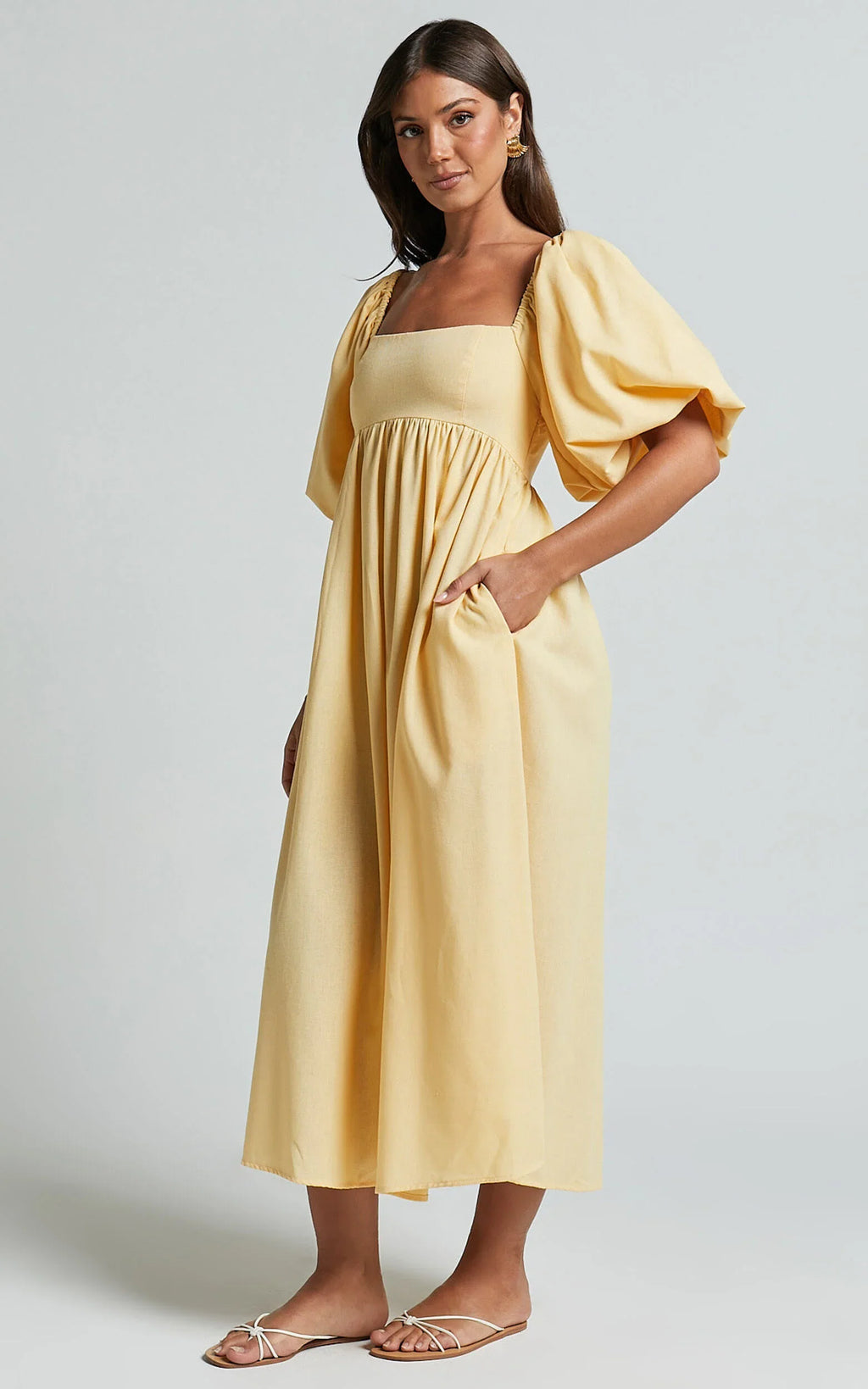 Cenia Midi Dress - Linen Straight Neck Shirred Back Puff Sleeve Dress in Lemon