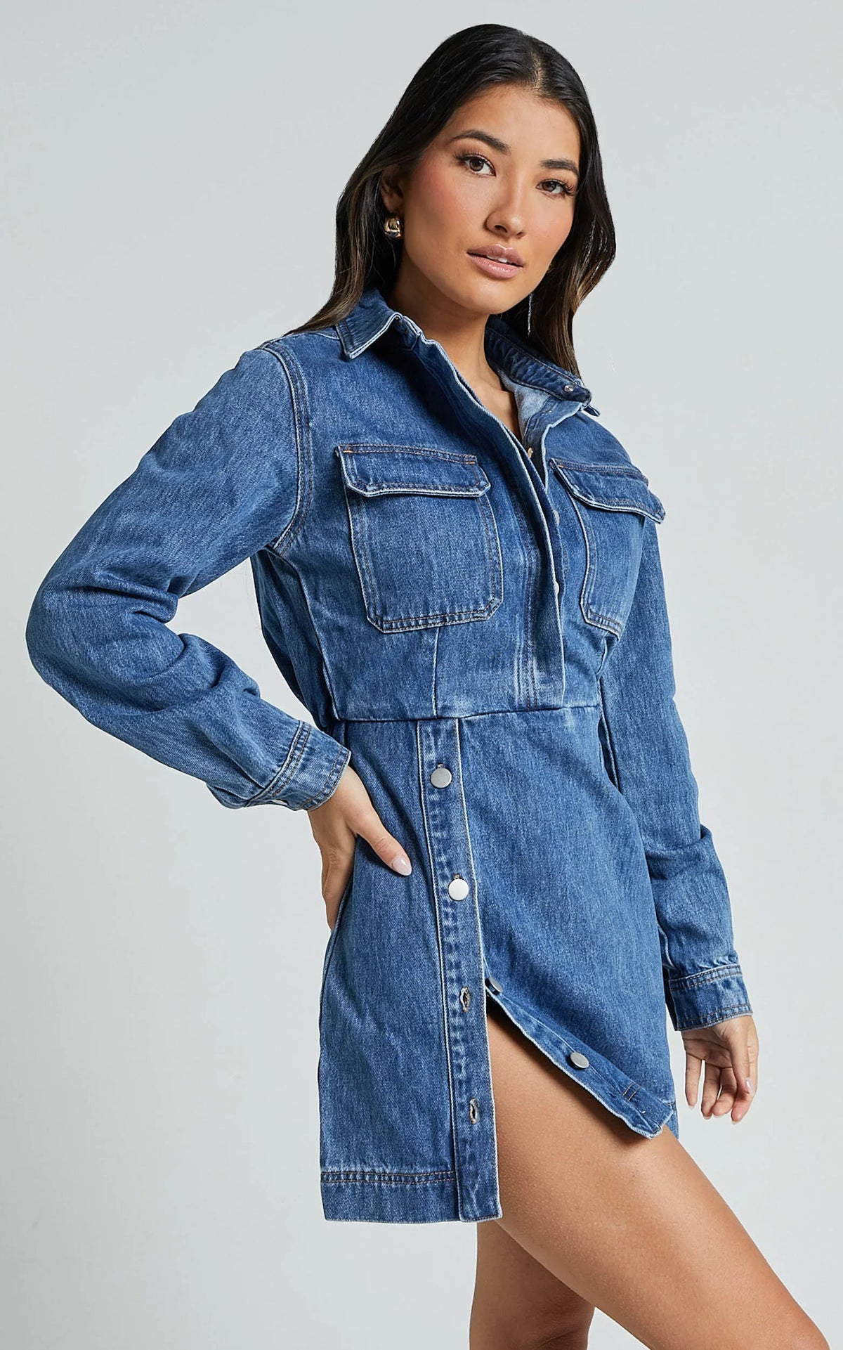 Ainsley Mini Dress - Button Through Long Sleeve Denim Dress in Mid Blue Wash