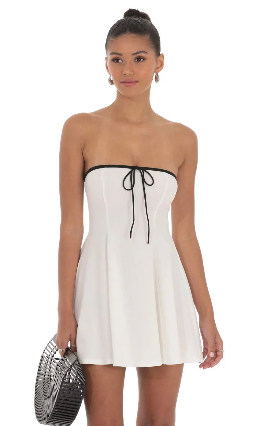 Black Trim Fit and Flare Dress in White