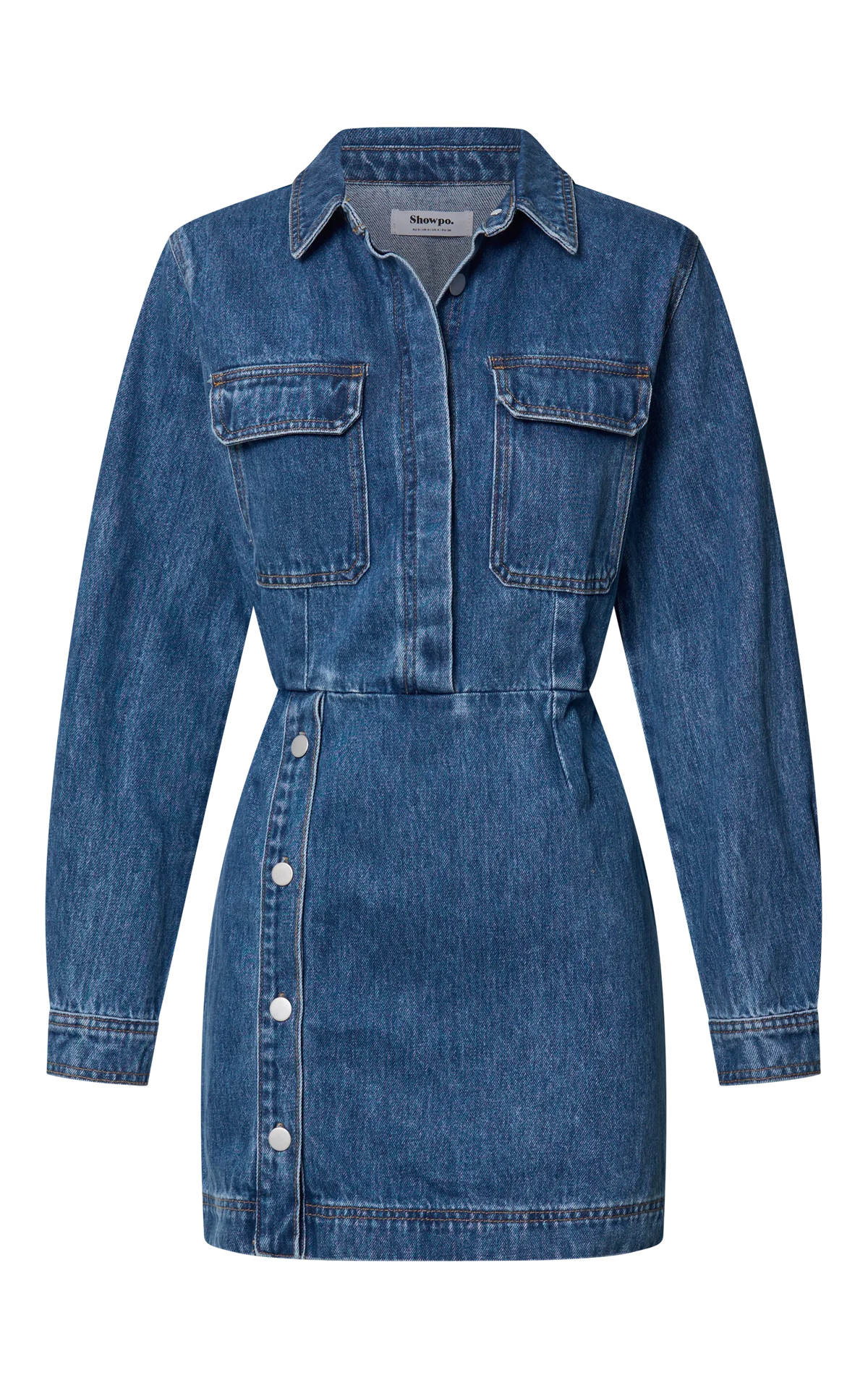 Ainsley Mini Dress - Button Through Long Sleeve Denim Dress in Mid Blue Wash