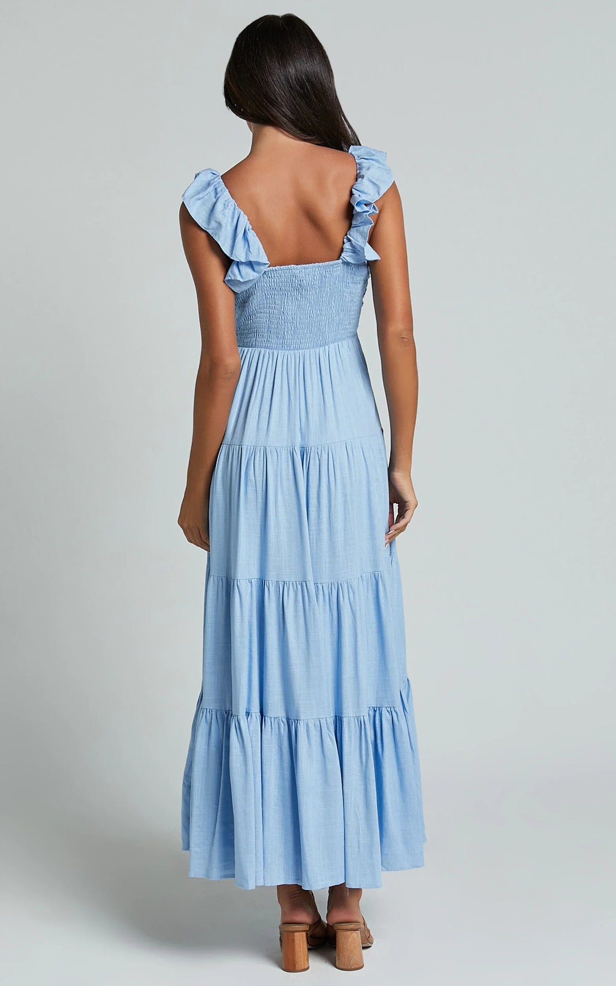Nicollee Midi Linen Dress - Plunge Neck Sleeveless Tiered Dress in Blue