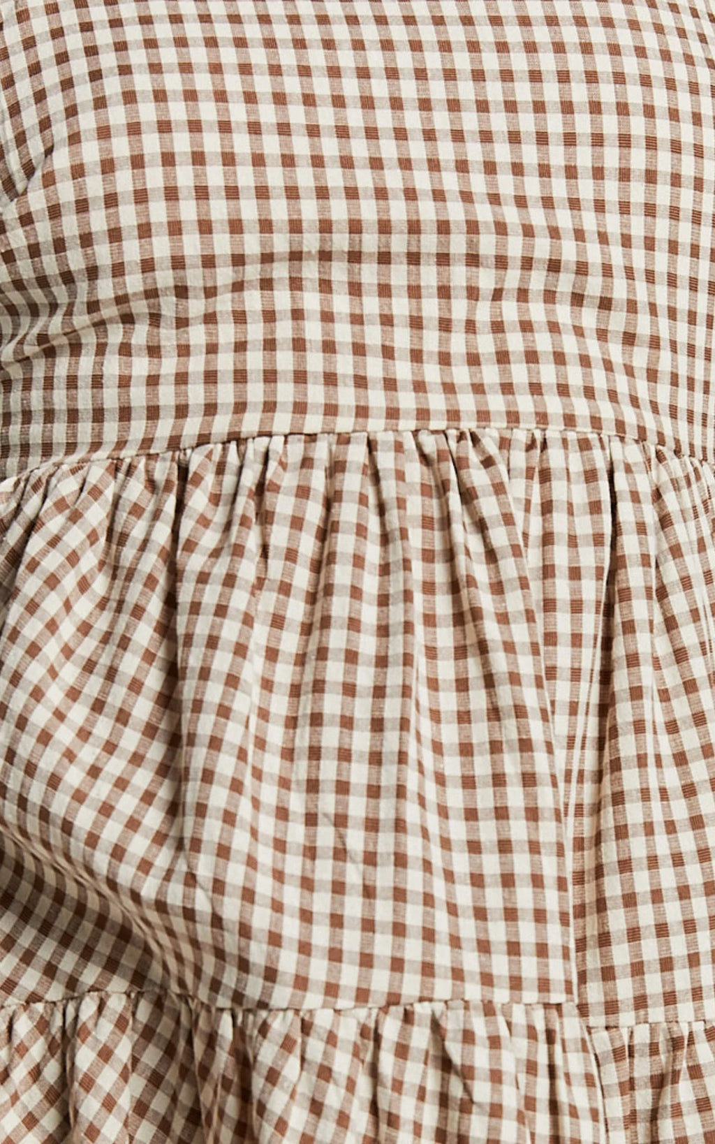 Lorelle Mini Dress - Straight Neck Tiered Dress in Brown Check Gingham