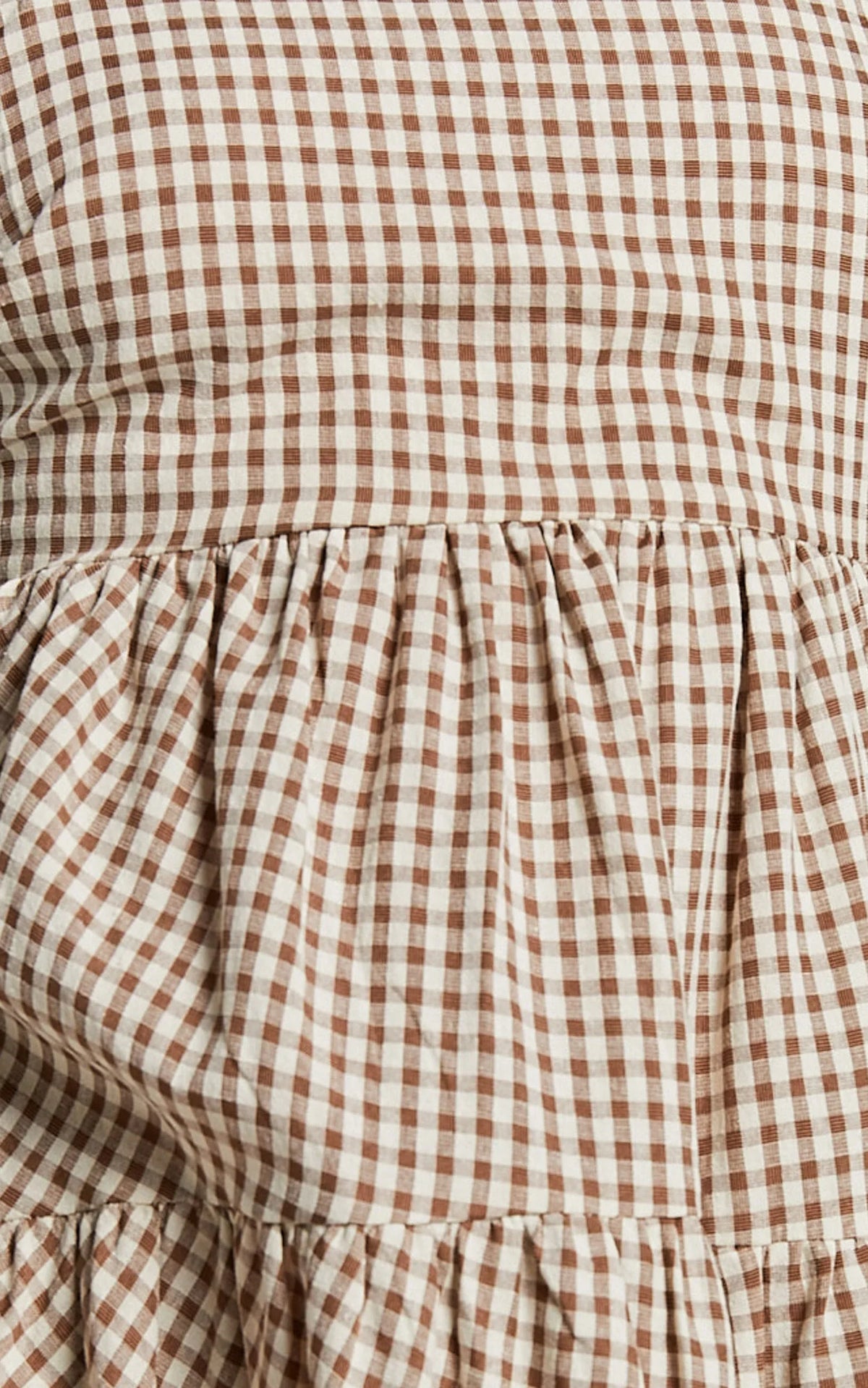 Lorelle Mini Dress - Straight Neck Tiered Dress in Brown Check Gingham