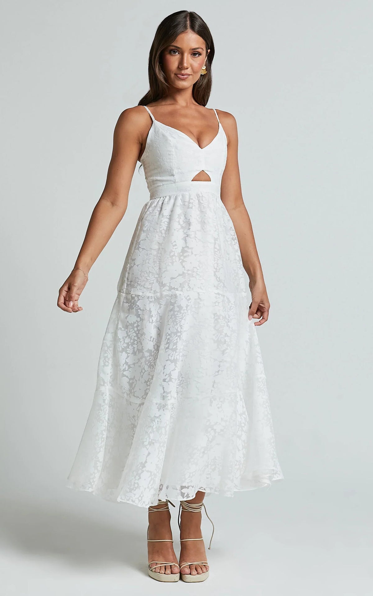 Jorie Midi Dress - Strappy Front Cut Out Tiered Skirt in White