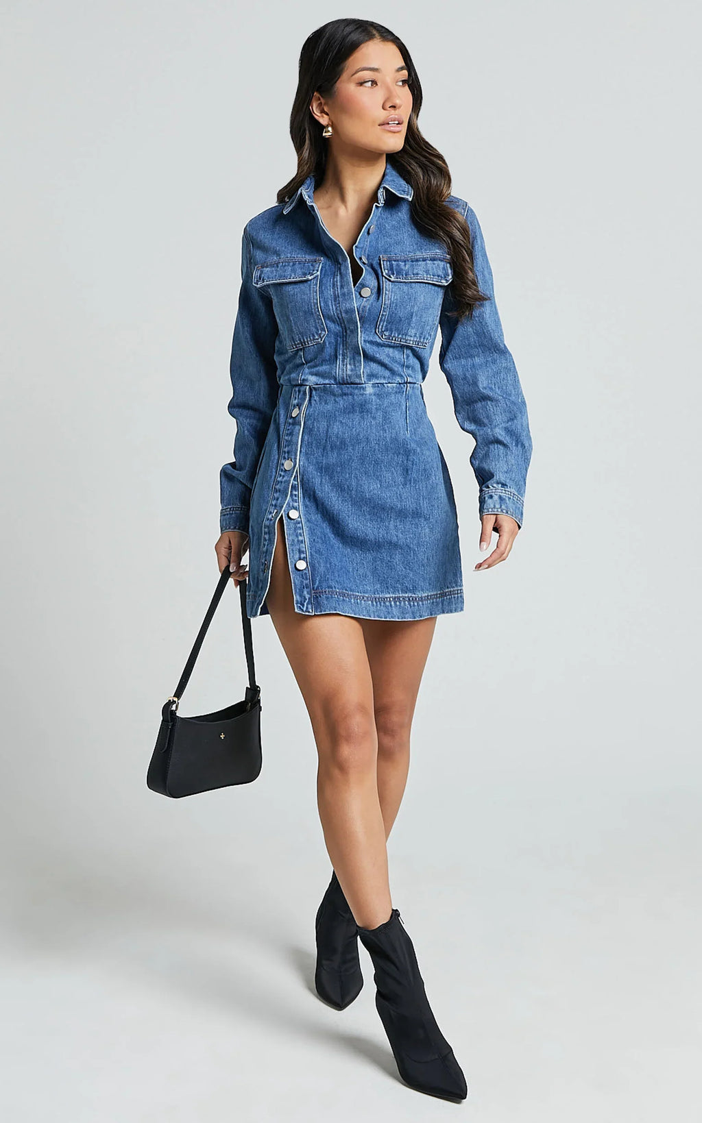 Ainsley Mini Dress - Button Through Long Sleeve Denim Dress in Mid Blue Wash