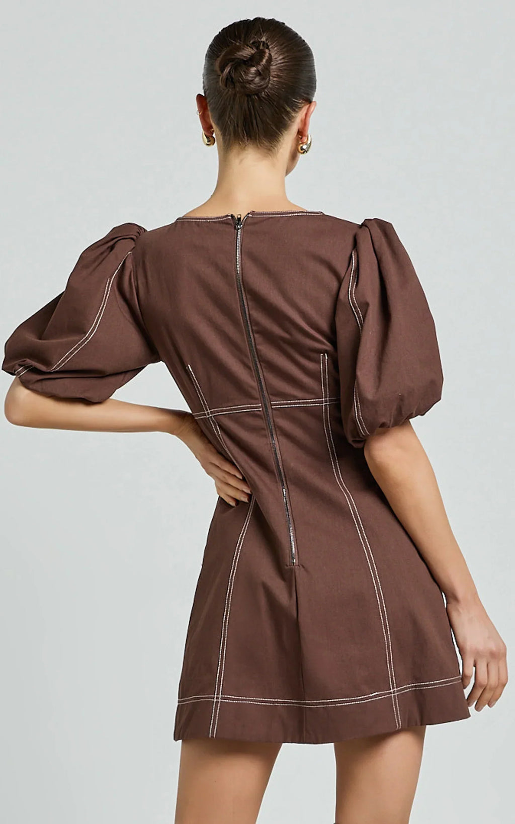 Tallie Mini Dress - Linen Puff Sleeve A Line Dress in Chocolate