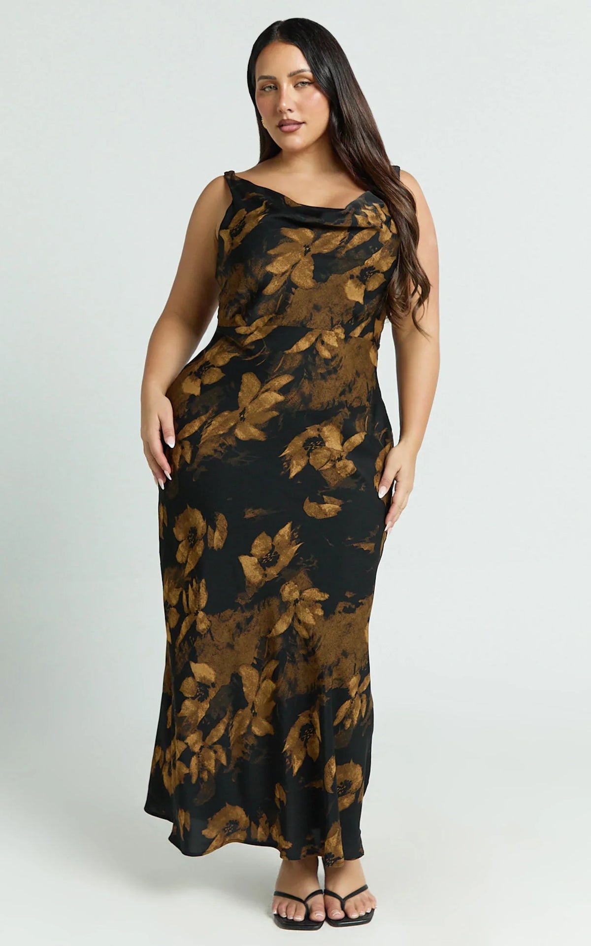 Dara Midi Dress - Low Neck Sleeveless Slip Dress in Amber Floral Print