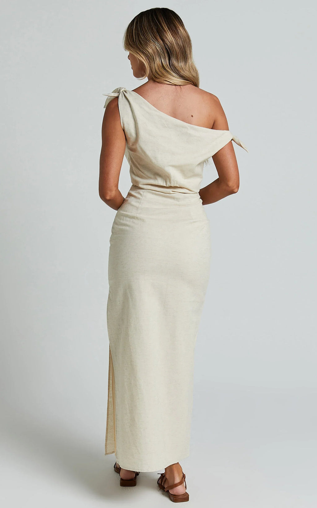 Cincinnati Midi Dress - Off The Shoulder Side Split Column Linen Dress in Beige