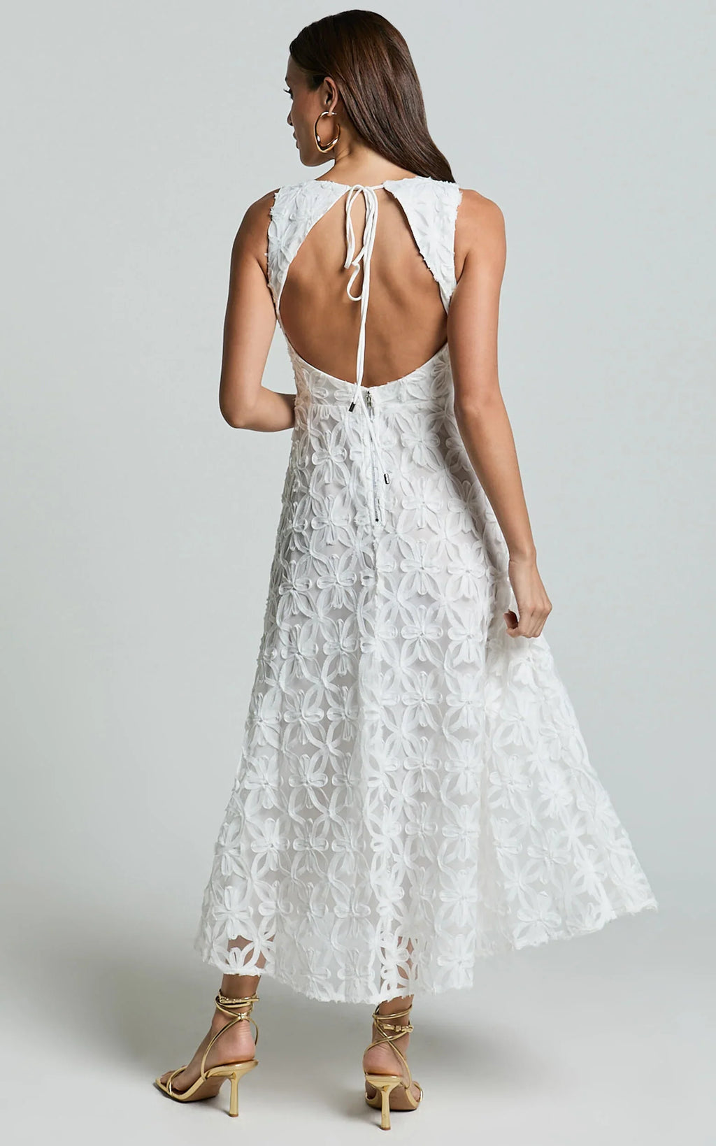 Clarissa Midi Dress - Square Neck Open Back A Line Dress in White