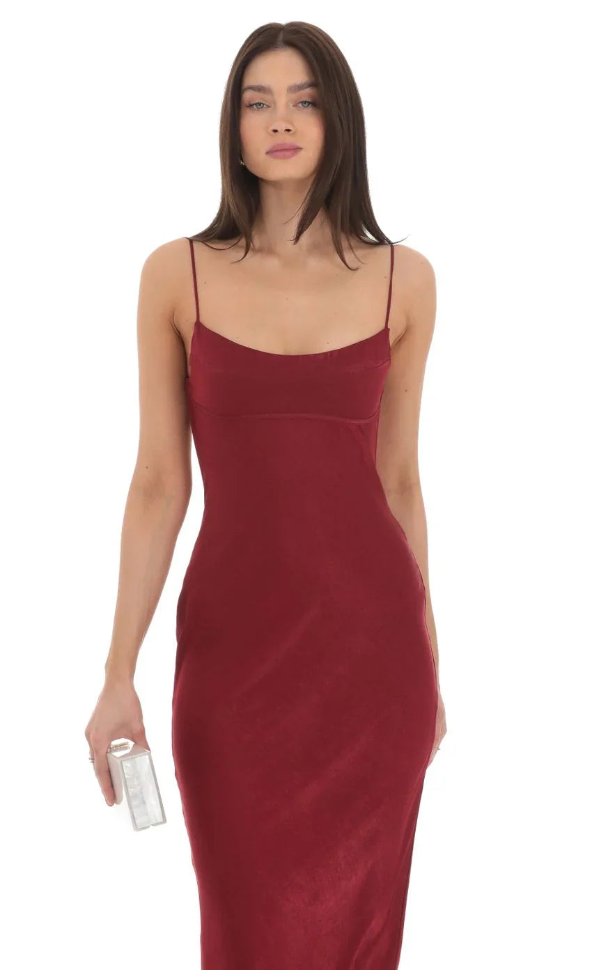 Satin Open Back Maxi Dress in Red