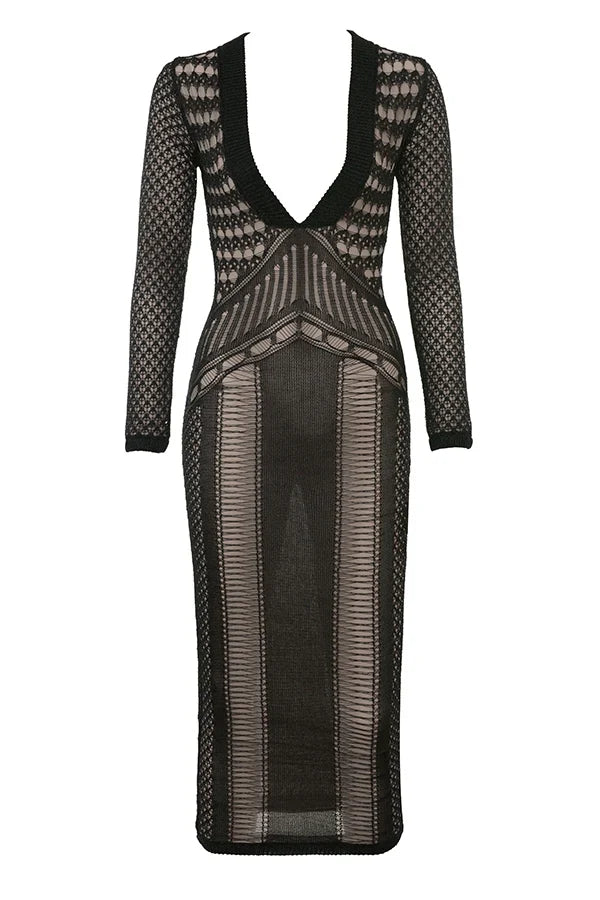 Black Plunge Open Knit Midi Dress