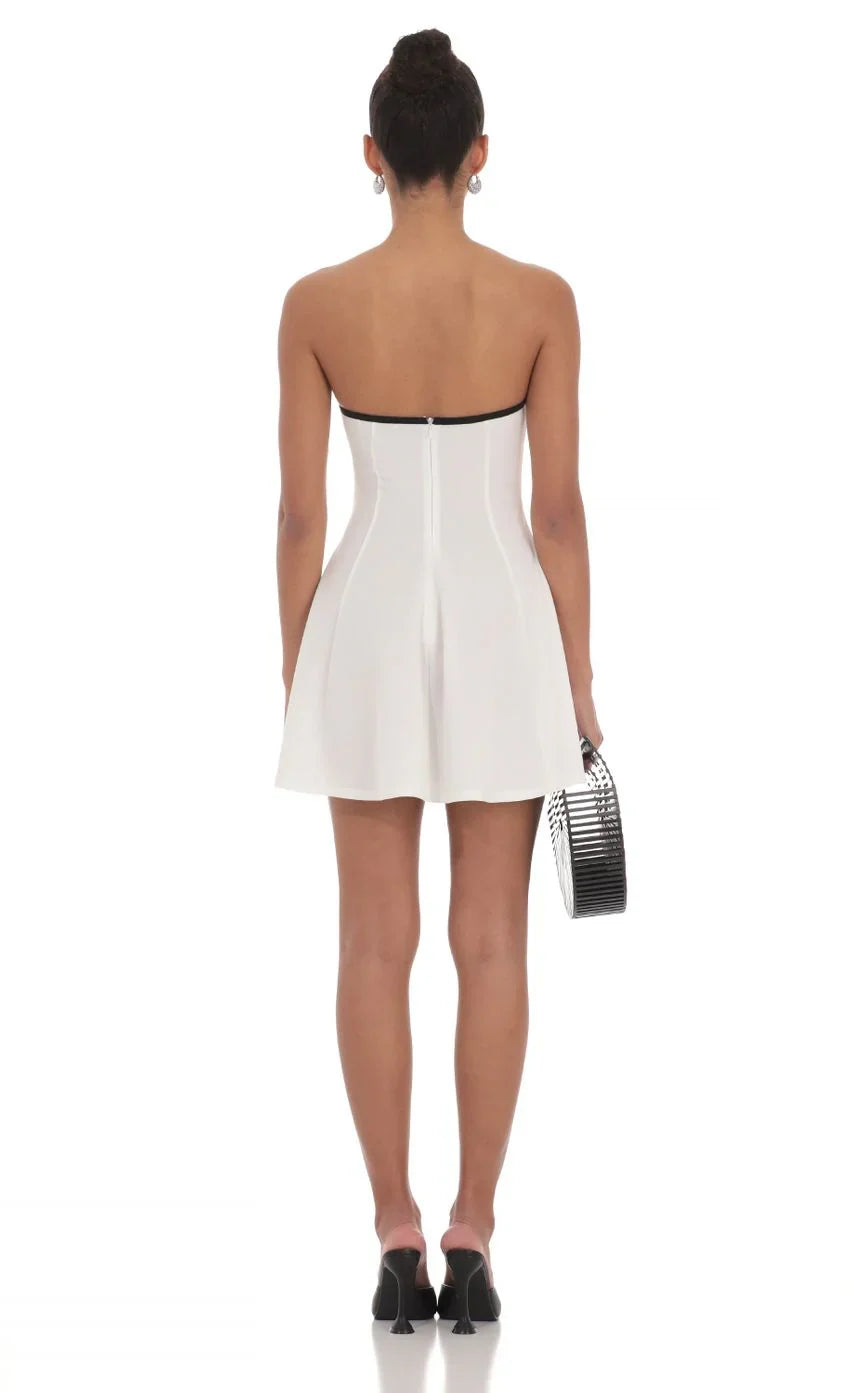 Black Trim Fit and Flare Dress in White