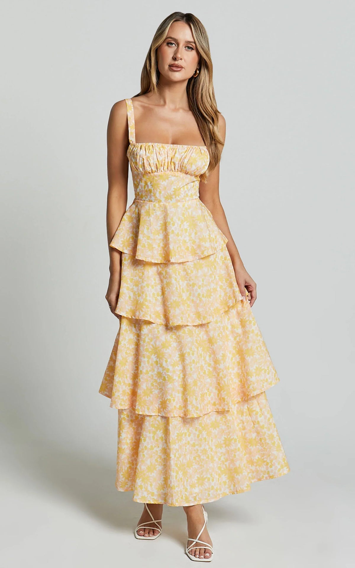 Lorma Midi Dress - Ruched Layered Dress in Orange Floral