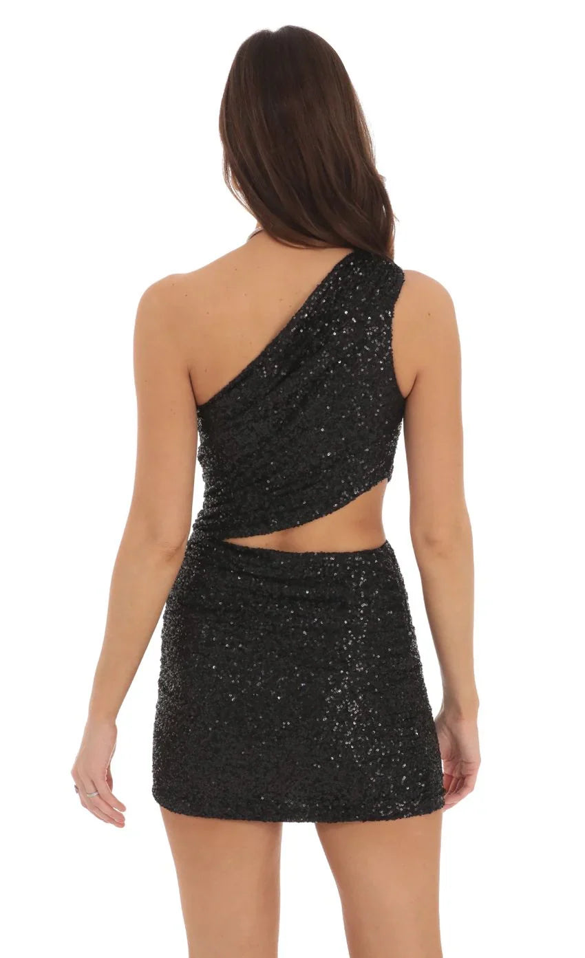 Sequin One Shoulder Cutout Dress in Black