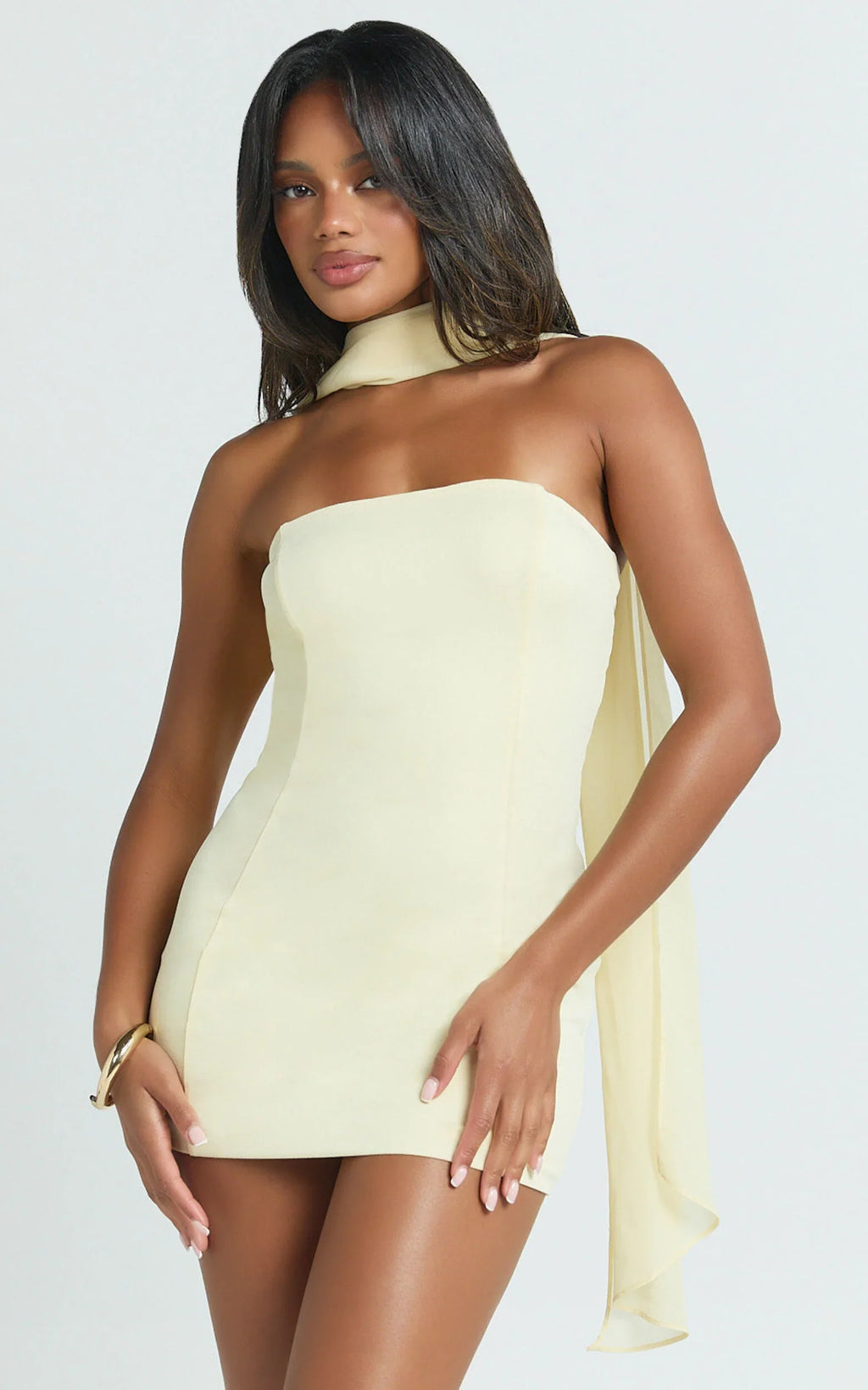 Sophie Mini Dress - Tie Neck Strapless Bodycon Dress in Lemon