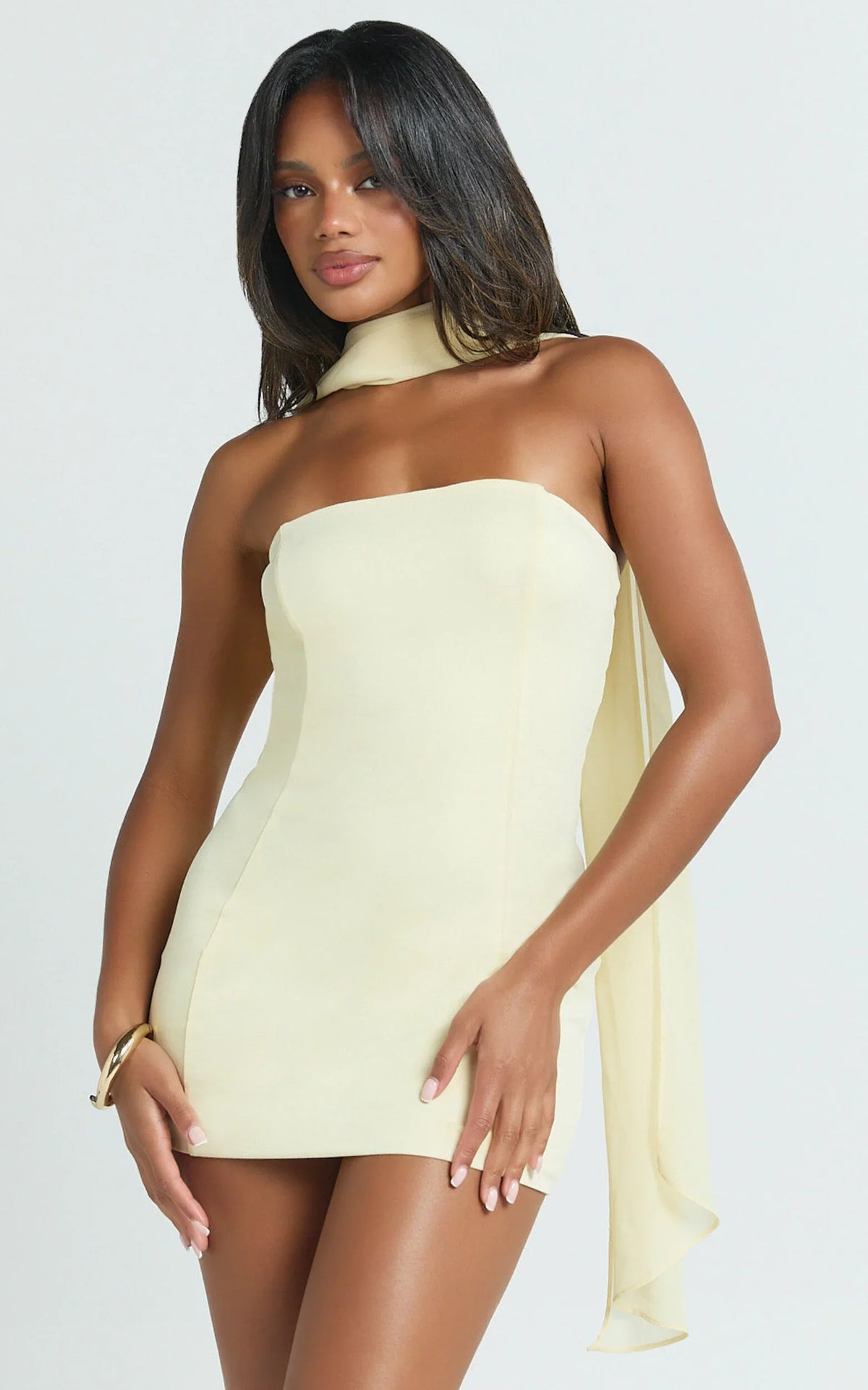 Sophie Mini Dress - Tie Neck Strapless Bodycon Dress in Lemon