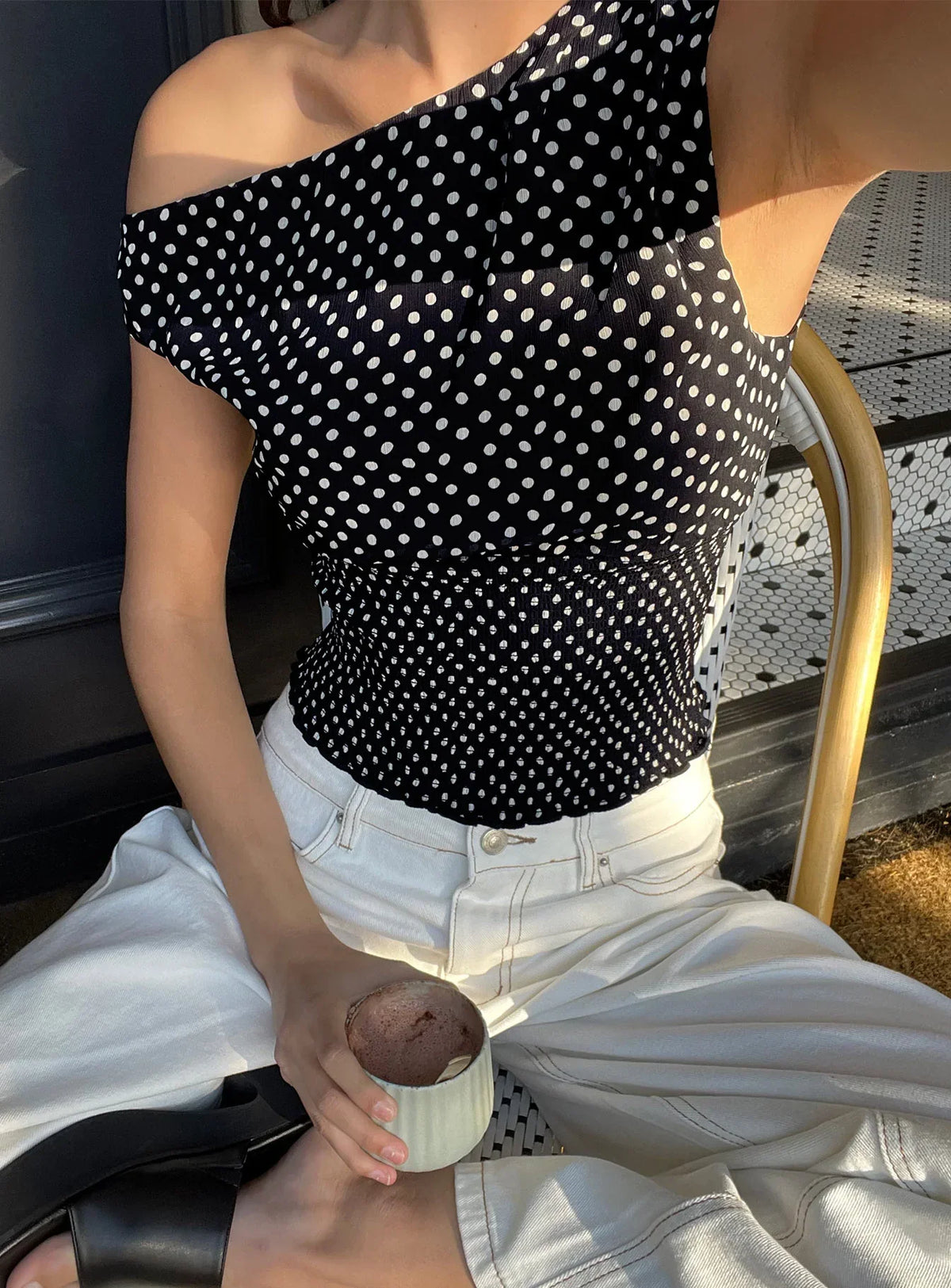 Ready To Party Off Shoulder Top Black Polka Dot