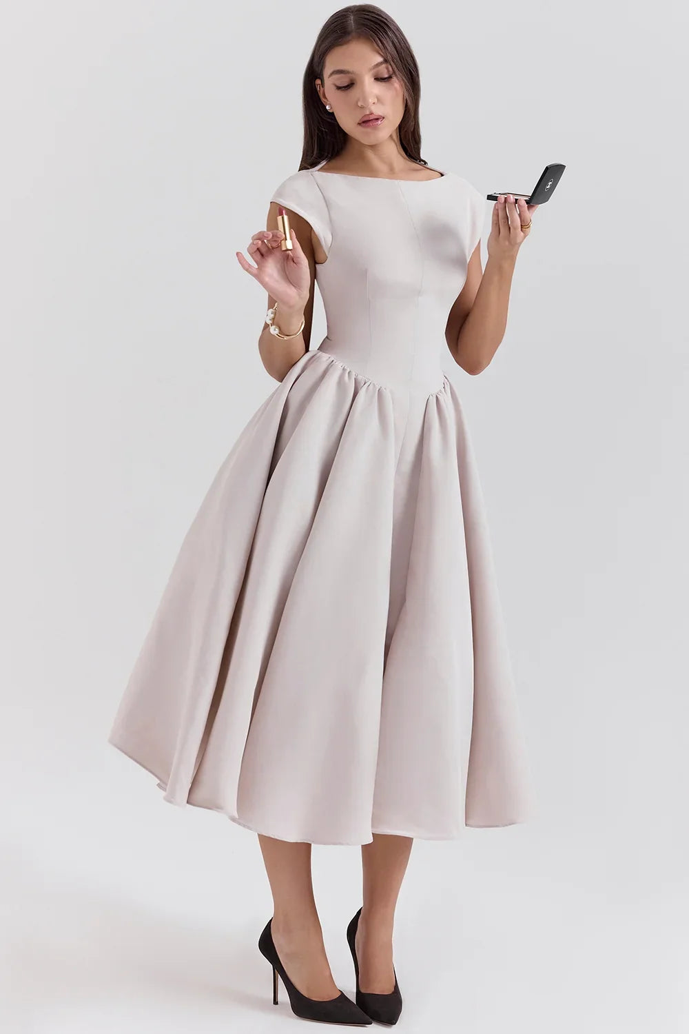 French Dove Moire Satin Backless Midi Dress