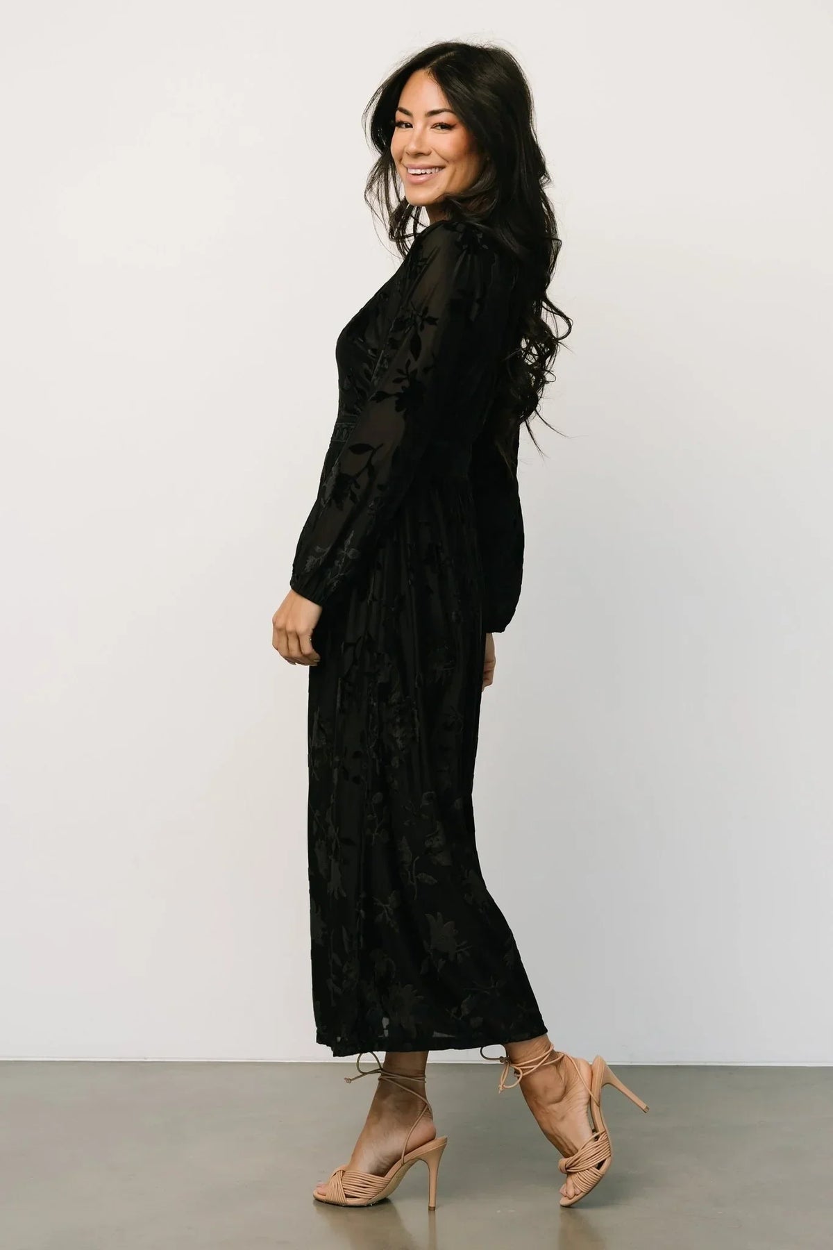 Christine Velvet Embossed Midi Dress | Black