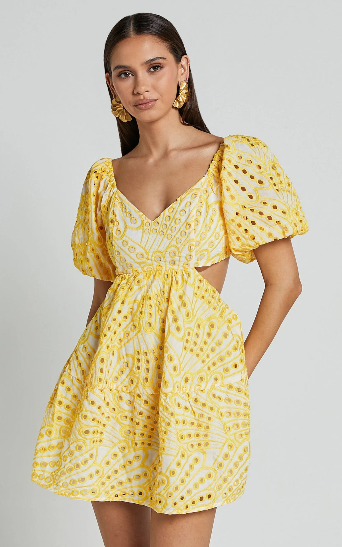 Sophia Mini Dress - Tie Back Puff Sleeve Dress in White and Yellow