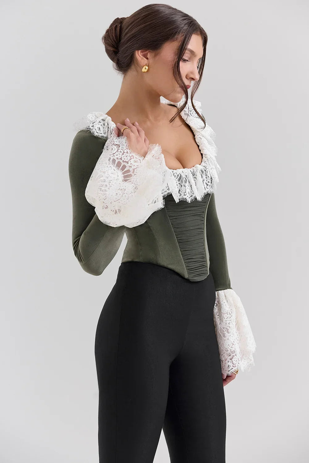 Forest Green Velvet Lace Trimmed Corset Top