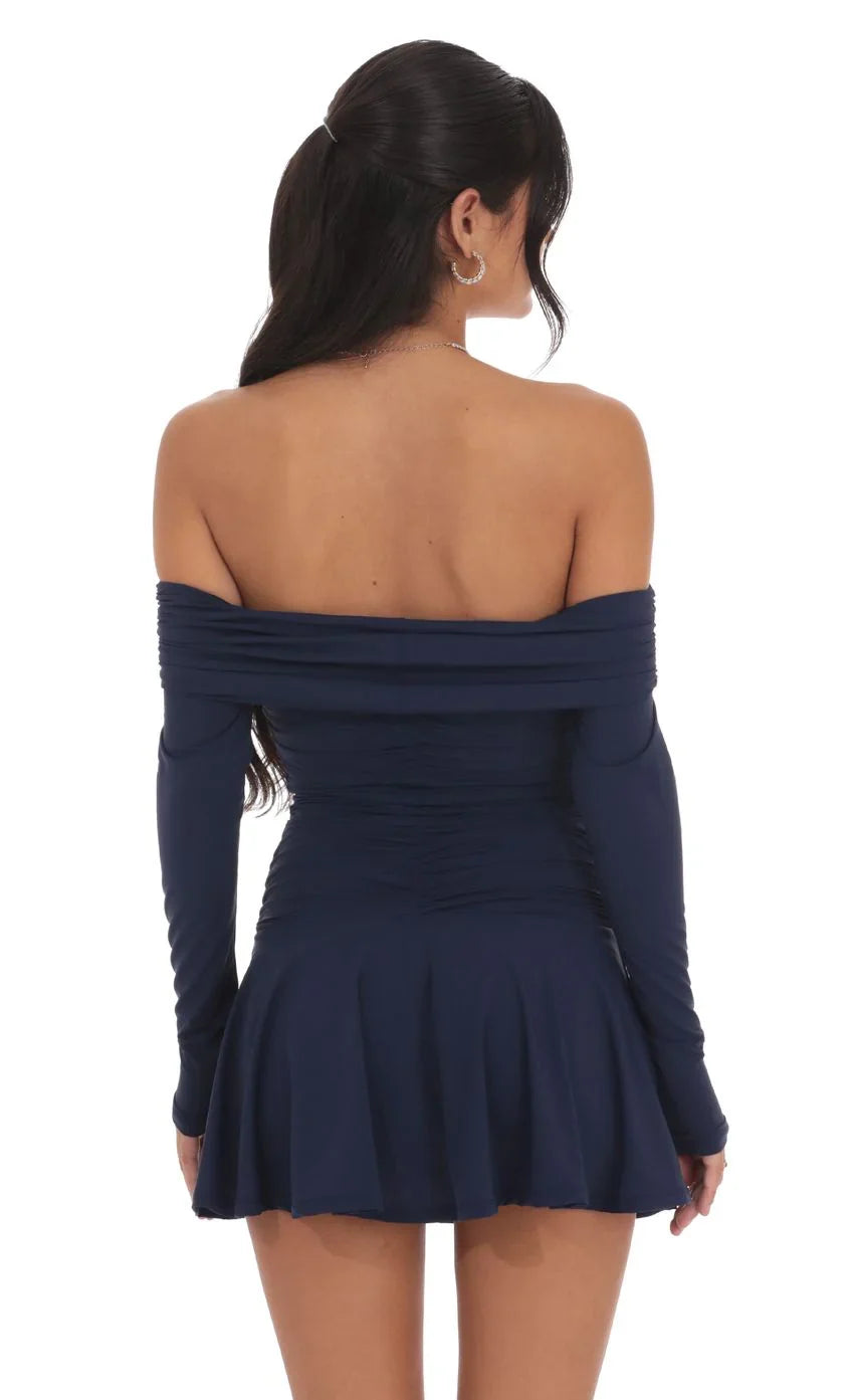 Off Shoulder Ruched Flare Dress in Navy