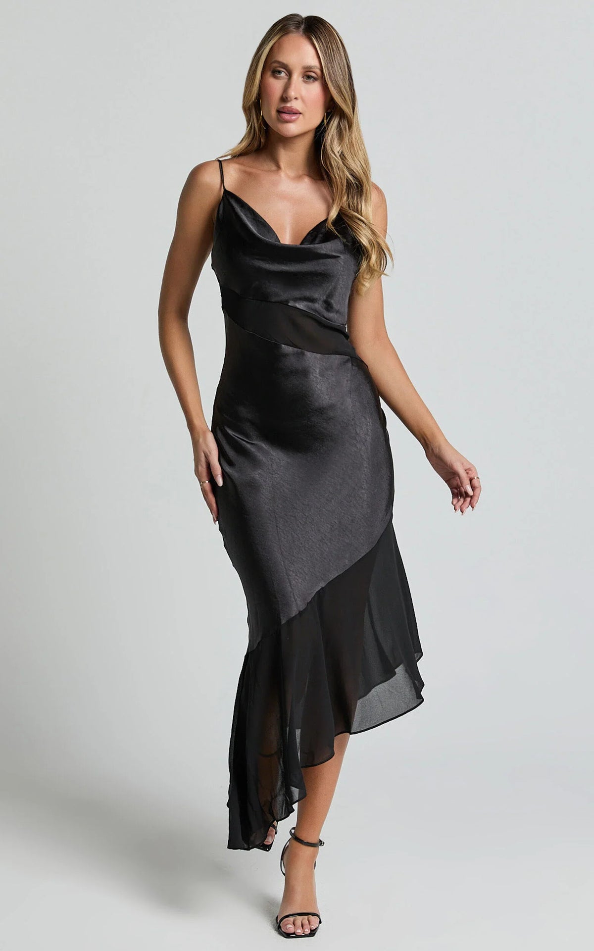 Sansa Midi Dress - Satin Cowl Neck Contrast Hem Asymmetrical Dress in Black