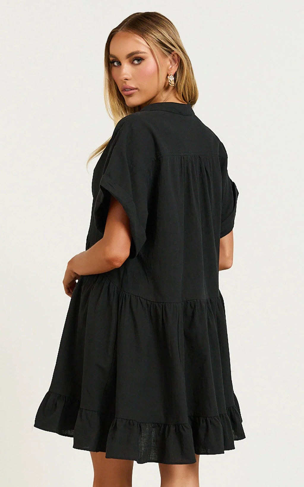 Calissa Mini Dress - Frill Hem Smock Dress in Black