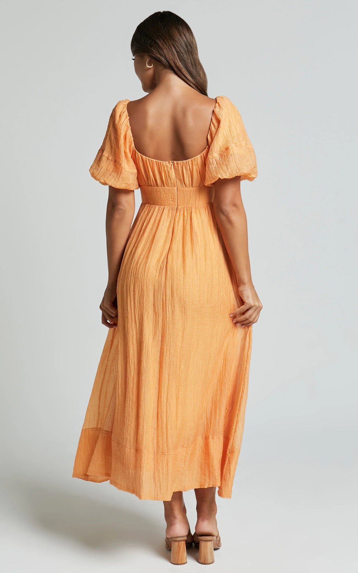 Roshina Midi Dress - Straight Neck Puff Sleeve Dress in Orange