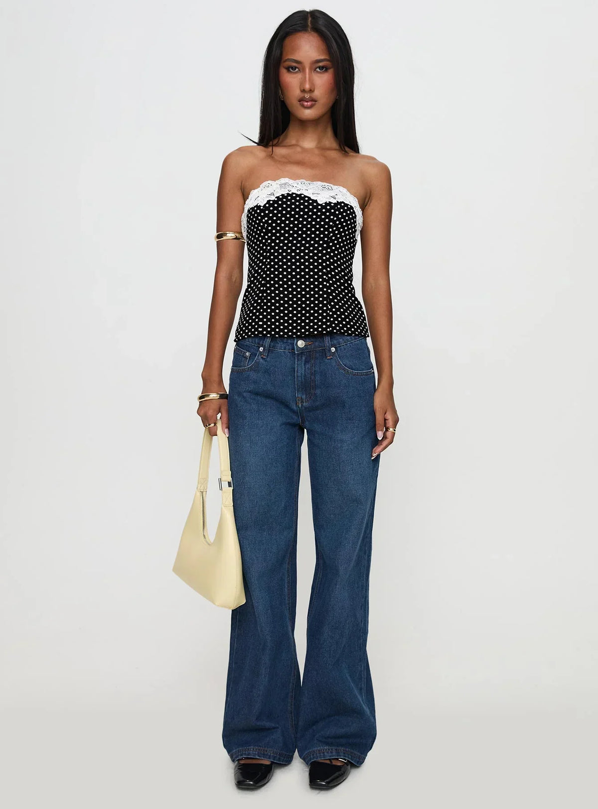 Ettore Lace Trim Strapless Top Black Polka