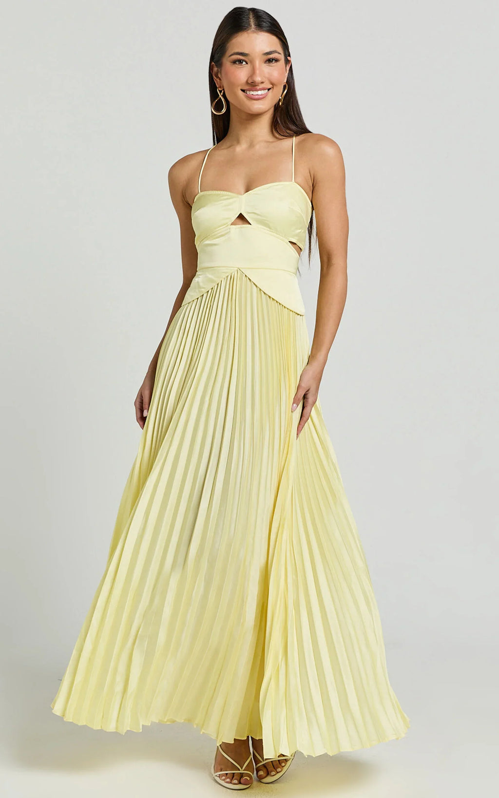 Shay Maxi Dress - Sweetheart Cut Out Pleated Dress in Lemon