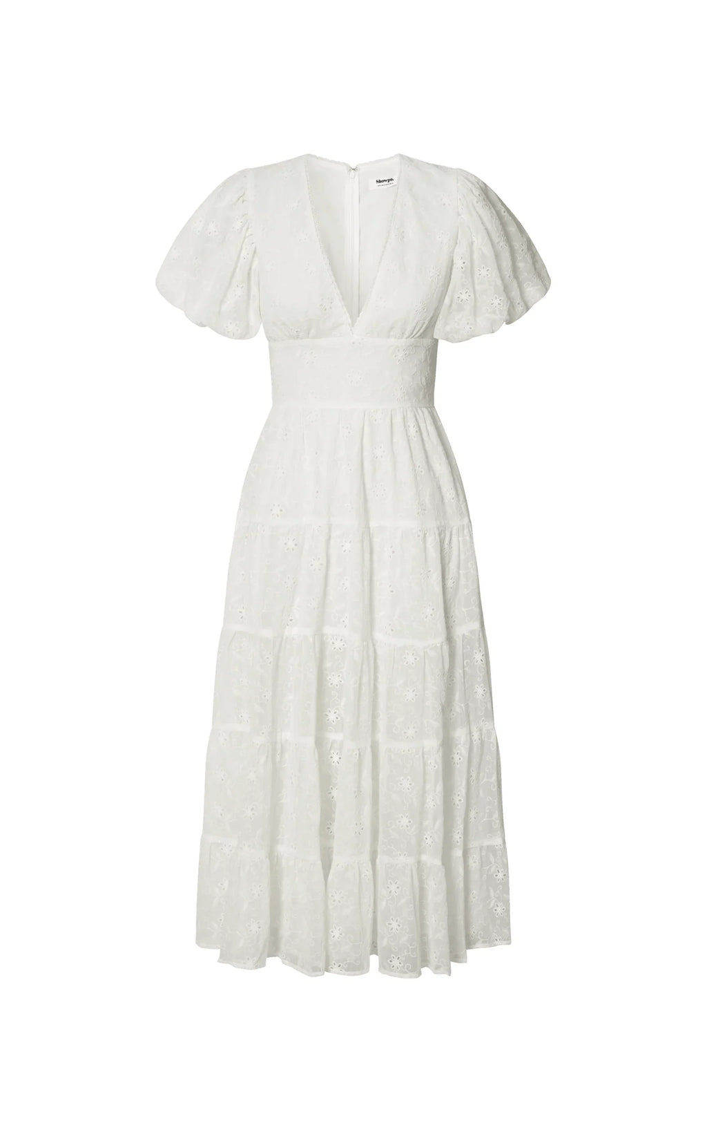 Divora Midi Dress - Plunge Balloon Sleeve Tiered Dress in Ivory
