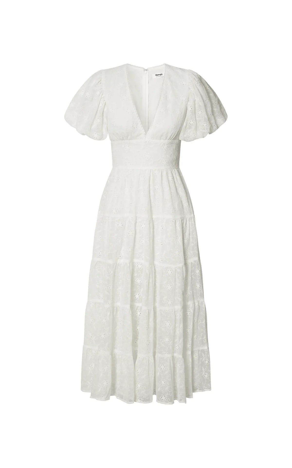 Divora Midi Dress - Plunge Balloon Sleeve Tiered Dress in Ivory