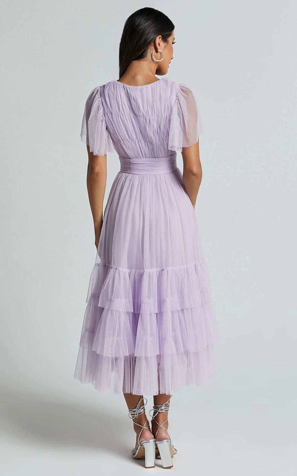 Jiraye Midi Dress - Flutter Sleeve Tuelle Plunge Dress in Lilac