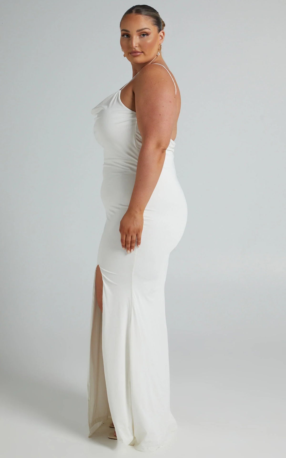 Tasteful Midi Dress - Cowl Neck Bodycon Thigh Split Dress in White