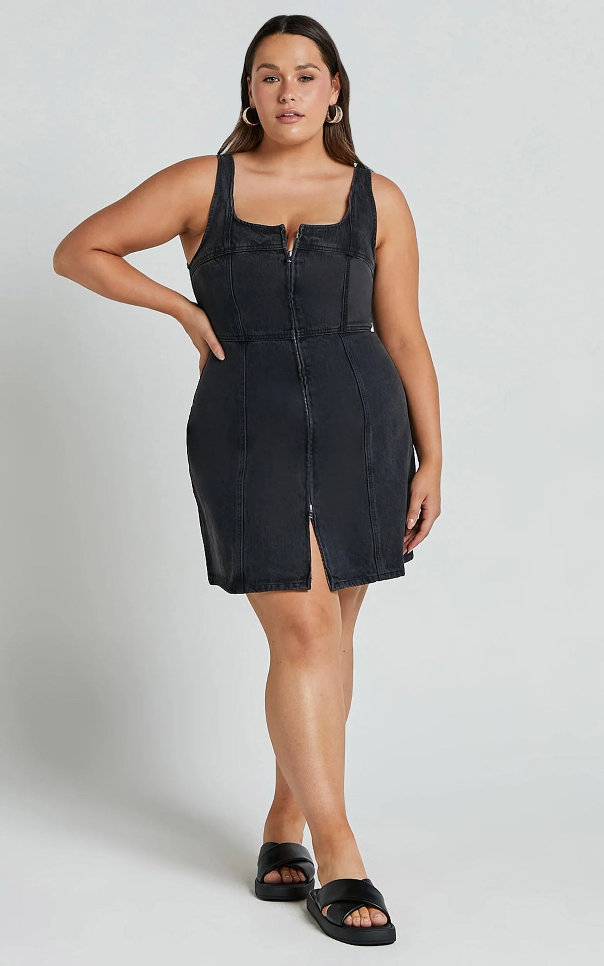 Chrysoula Mini Dress - Square Neck Zip Front Sleeveless Bodycon Denim in Washed Black