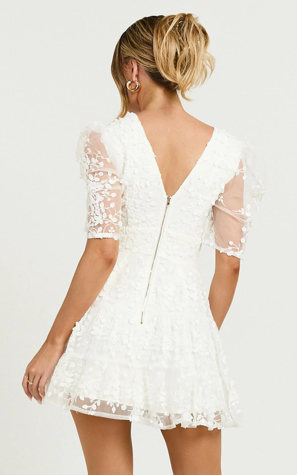 Pamela Mini Dress - Embroidered Plunge Tiered Dress in White