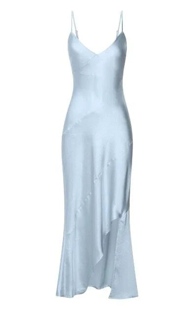 Ylona Maxi Dress - Asymmetric Draped Bias Cut Satin Slip Dress in Ice Blue