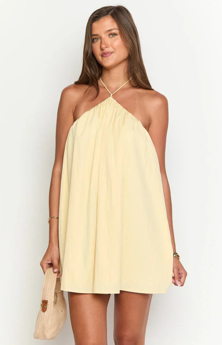 Talei Yellow Halter Puff Mini Dress