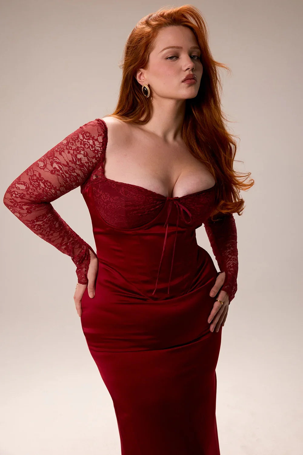 Berry Satin Maxi Dress With Corset