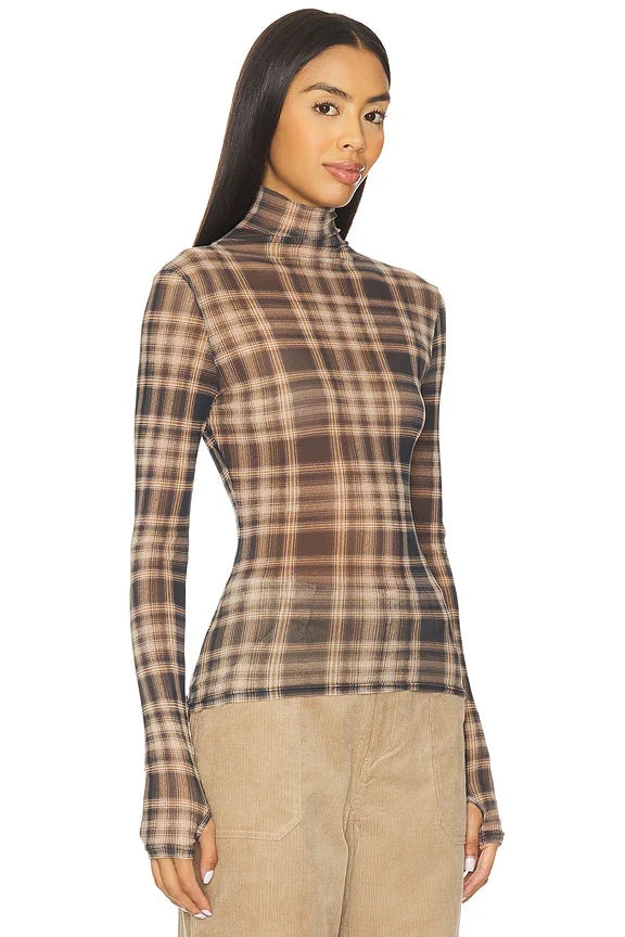 Plaid Mesh Long Sleeve Turtleneck Top