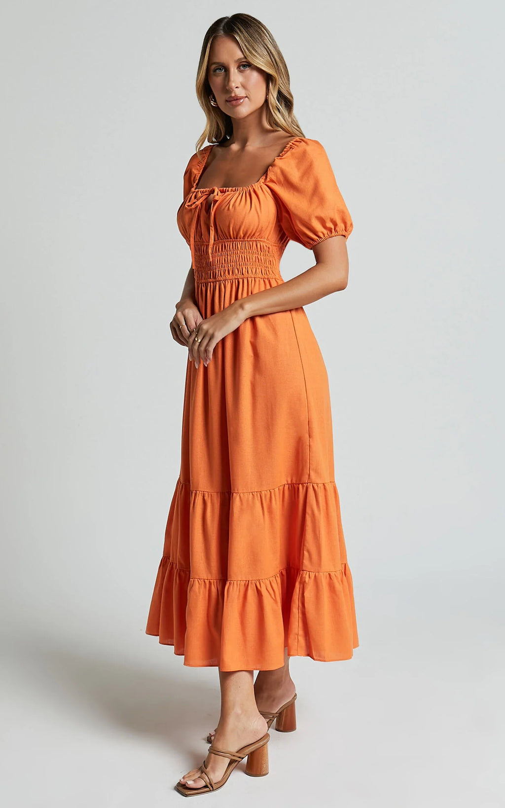 Claritza Midi Dress - Linen Look Short Puff Sleeve Square Neck Tiered Dress in Sherbert