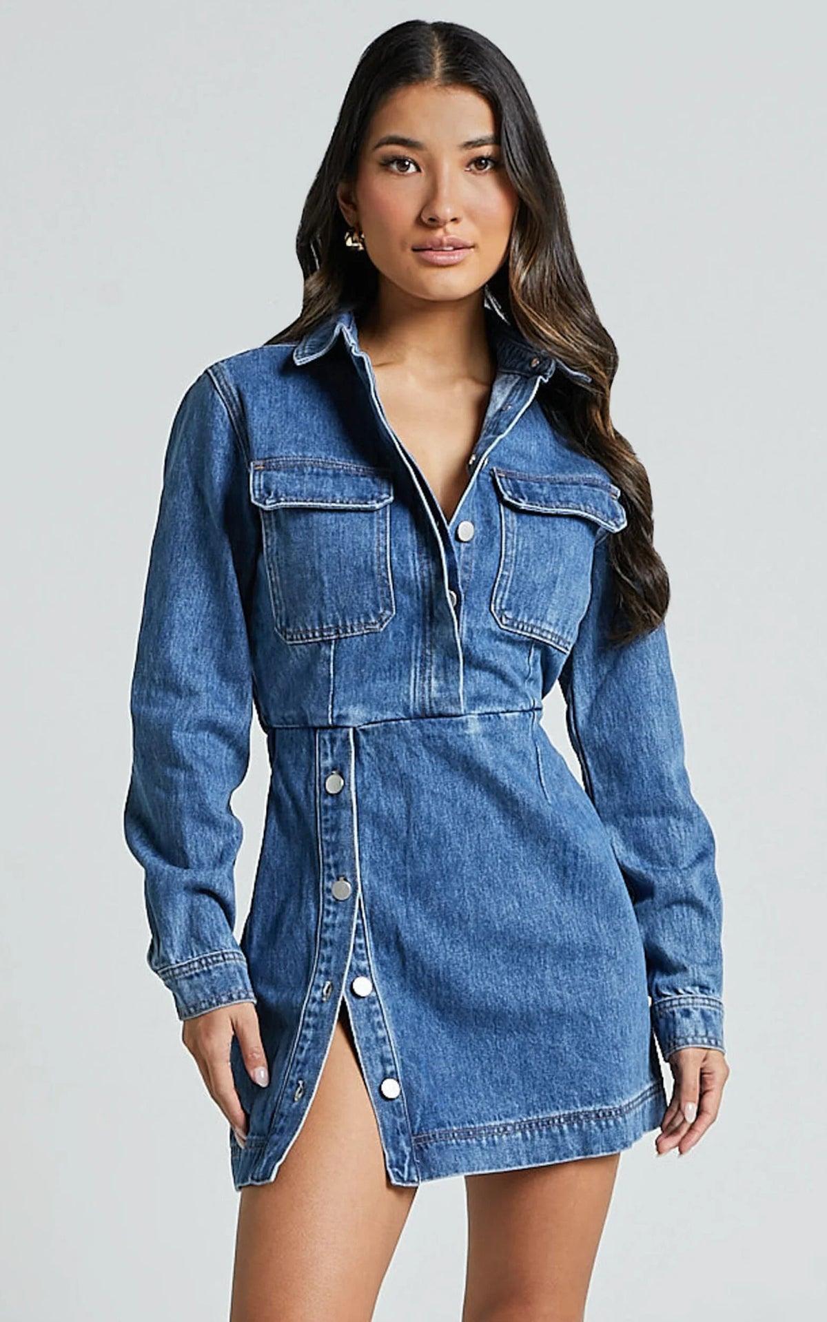 Ainsley Mini Dress - Button Through Long Sleeve Denim Dress in Mid Blue Wash